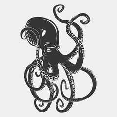 Black danger cartoon octopus characters with curling tentacles swimming underwater, isolated on white. Tattoo or pattern on a t-shirt, poster or logo, vector illustration © Elegant Solution