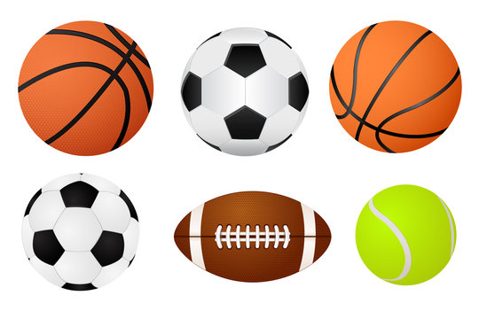 Basketball ball, soccer ball, tennis ball and american football.