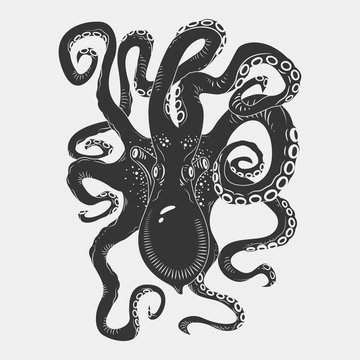 Black danger cartoon octopus characters with curling tentacles swimming underwater, isolated on white. Tattoo or pattern on a t-shirt, poster or logo, vector illustration