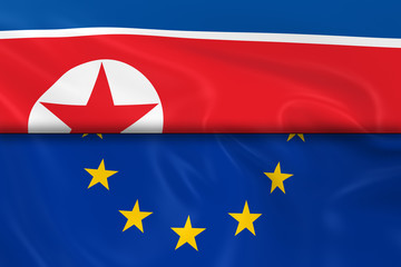 Flags of North Korea and the European Union Split in Half - 3D R