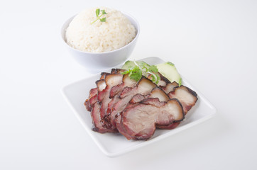 pork. BBQ Pork and Crispy Pork with Rice.