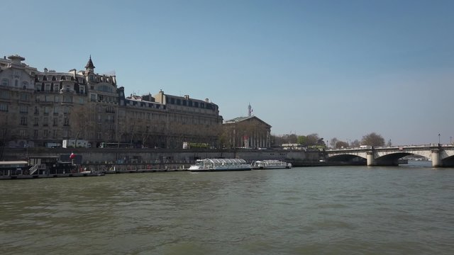 Establishing shot Seine River cruise, Paris - Vehicle shot. Seine River cruise on a boat tour. Establishing shot - 60fps