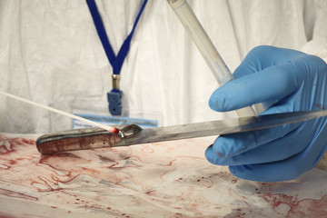 Crime scene technician swabbing blood stains