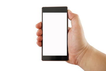 Male hand holding blank smart phone isolated on white background with clipping path