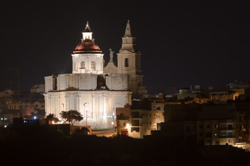 Fototapeta na wymiar Parish Church of Mellieha by night - dome, Il-Mellieha, Malta