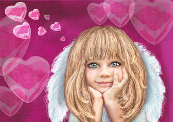 Smiling cupid girl. Angel. Love.Holiday background