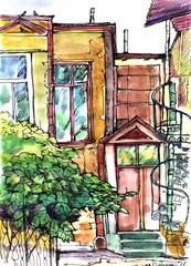 the old courtyard, city, watercolor, ink