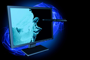 monitor and pan abstract colored background