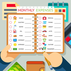 Monthly expenses, costs and income infographics template. House and credit, transport and internet. Vector illustration