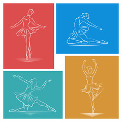 Ballerina hand drawn set. Exercise dancer, body line graceful, dance pose girl, vector illustration