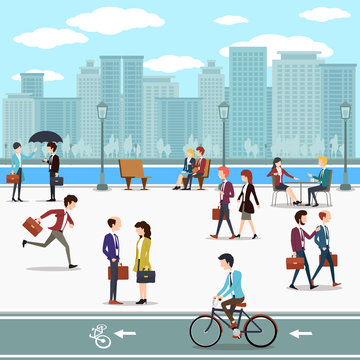 Business people walking on the street and skyline skyscrapers background. Building urban city, skyline and downtown, vector illustration