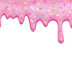 Dripping pink doughnut seamless glaze. Liquid sweet flow, tasty food dessert flowing. Dripping doughnut seamless glaze vector illustration