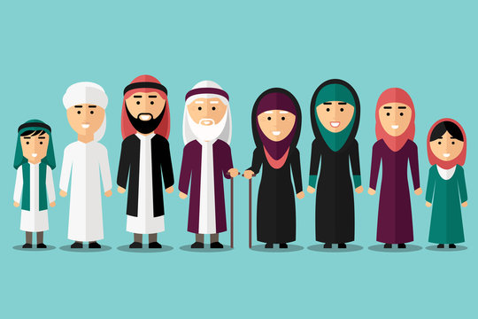 Arab family. Flat muslim characters. People traditional islam culture, man and woman, vector illustration
