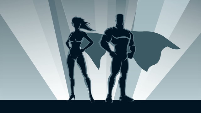 Superhero Couple Loop / Animation of male and female superheroes posing in front of lights.
