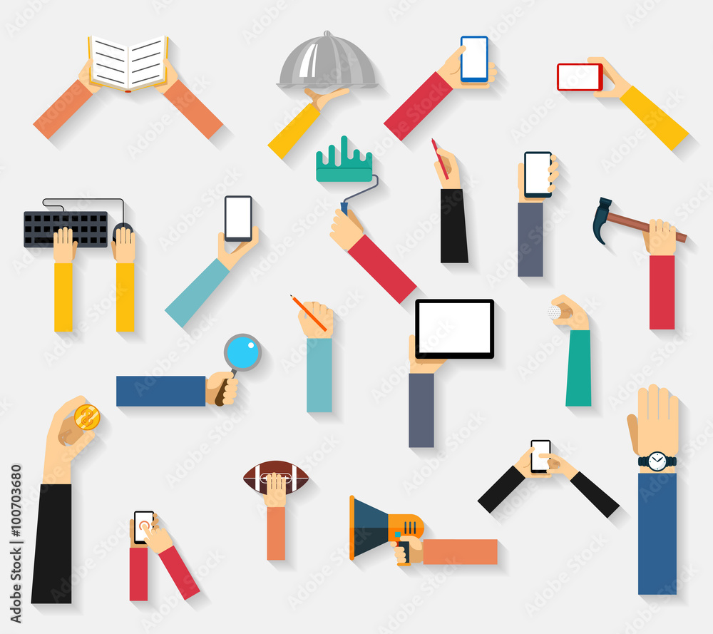 Aufkleber hands holding objects. finger and communication, coin and read, money and touchscreen, pencil and cl