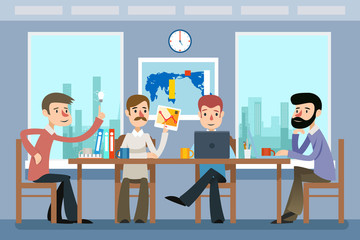 Business meeting. Team working in office. Work team, teamwork, idea and workplace corporate. Business meeting and team working vector illustration in flat style