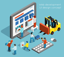Web development and UI design concept in flat 3d isometric style. Technology website and computer interface design. Web UI development vector illustration