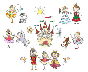 Children drawings for little girl. Family and king, fantasy drawing. Children little girl hand drawings vector illustration