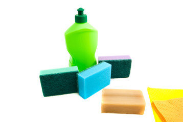bottle, soap, rags and sponges
