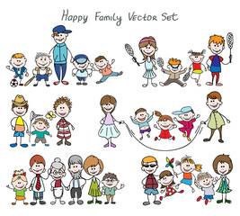 Doodle happy family sketch. Father and mother, kid boy and girl. Hand drawn happy family sketch vector illustration