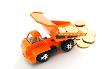 euro coins and orange truck on white
