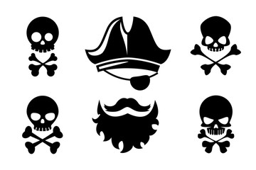 Pirate head vector icons with skull and crossed bones. Hat and bone, beard silhouette and mustache tattoo. Pirate icons with skull and crossed bones vector illustration