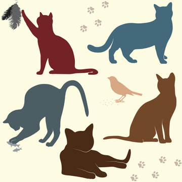 Vector set of funny cats silhouettes with bird, fish and feather.