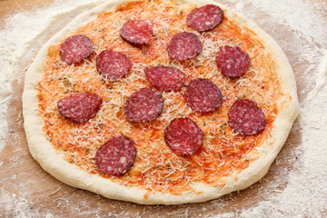 Cooking pizza, Italian food with guerrillas cheese, salami sausage