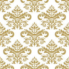 Damask seamless white and golden ornament. Traditional vector pattern. Classic oriental background