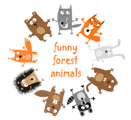 Funny forest animals - bear, wolf, fox, rabbit, hedgehog, groundhog, raccoon, beaver and squirrel hand drawn in baby style isolated on white background. Vector illustration