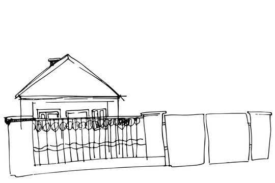 vector sketch of a house behind an iron fence with a gate