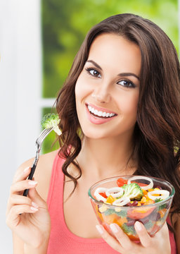  happy smiling woman with salad, outdoor