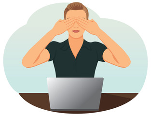 Beautiful business woman covering with hands her eyes. See no evil, hear no evil, speak no evil.