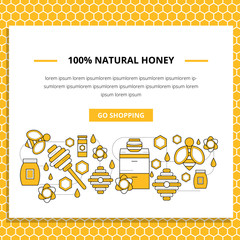 Apiary vector website banner and landing page with natural honey, honey bee,  honeycomb, beekeeper, bee, flowers, honey jar, honey dipper for your site, card, sticker and app, propolis