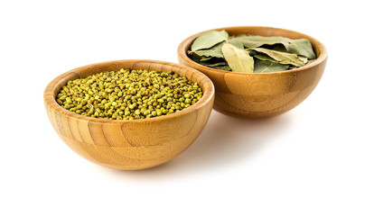 Ayurvedic spices coriander and Indian bay leaf isolated