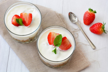 Yogurt with cereals and strawberries

