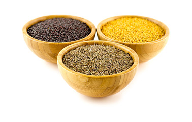 Variety of organic spices with cumin in foreground