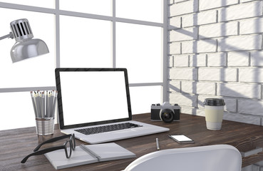 3D illustration laptop and work stuff on table near brick wall, Workspace