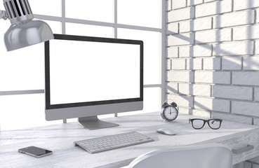 Fototapeta premium 3D illustration PC screen on table in office, Workspace
