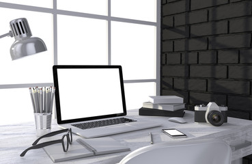 3D illustration laptop and work stuff on table near brick wall, Workspace