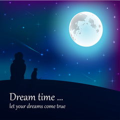 Girl and cat sitting on earth, looking at moon under stars in night sky with text place.