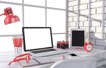 3D illustration laptop and work stuff on table near brick wall, Workspace