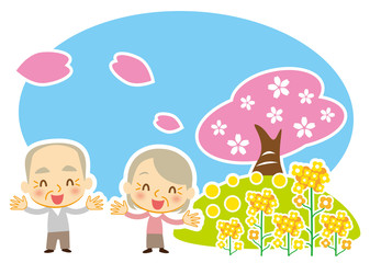 桜と菜の花と老夫婦