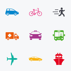 Naklejka premium Transport icons. Car, bike, bus and taxi signs.