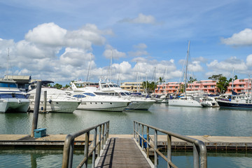 Fototapeta premium walk way at marina boat lagoon in Phuket Thailand