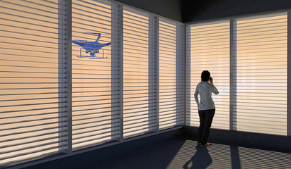 Fototapeta na wymiar 3D render of a UAV drone peering through a window with horizontal blinds as a human figure looks on. Fictitious UAV is a unique design. Motion blur for dramatic effect.