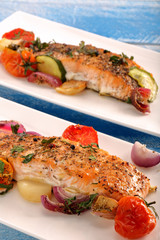 Baked salmon with herbs and vegetables