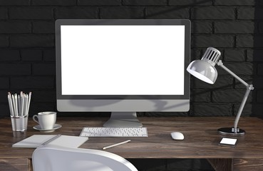 Fototapeta premium 3D illustration PC screen on table in office, Workspace