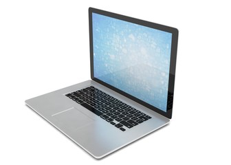 3d rendering of a laptop with blue wallpaper with app icon