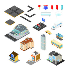 Isometric vector illustration of urban map city kit.
City scene elements on tiles for map and model creation design.